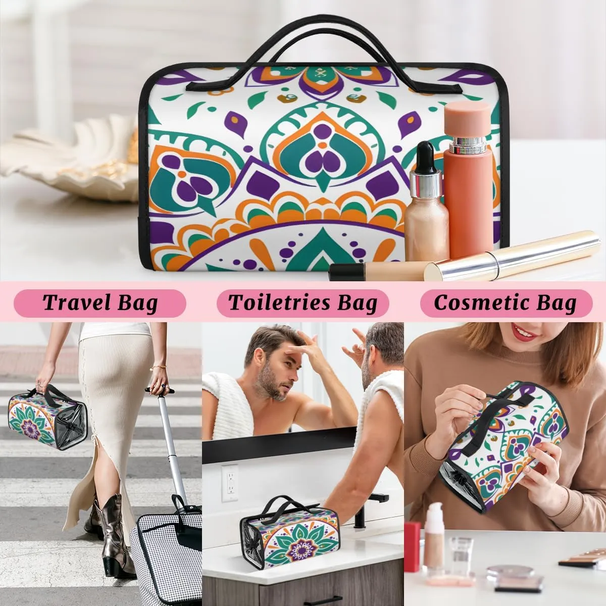 Bohemian Retro Foldable Toiletry Bag with Detachable Removable Pouches Hanging 4 in 1 Roll Up Large Makeup Toiletry Organizer Storage Bag with Handle