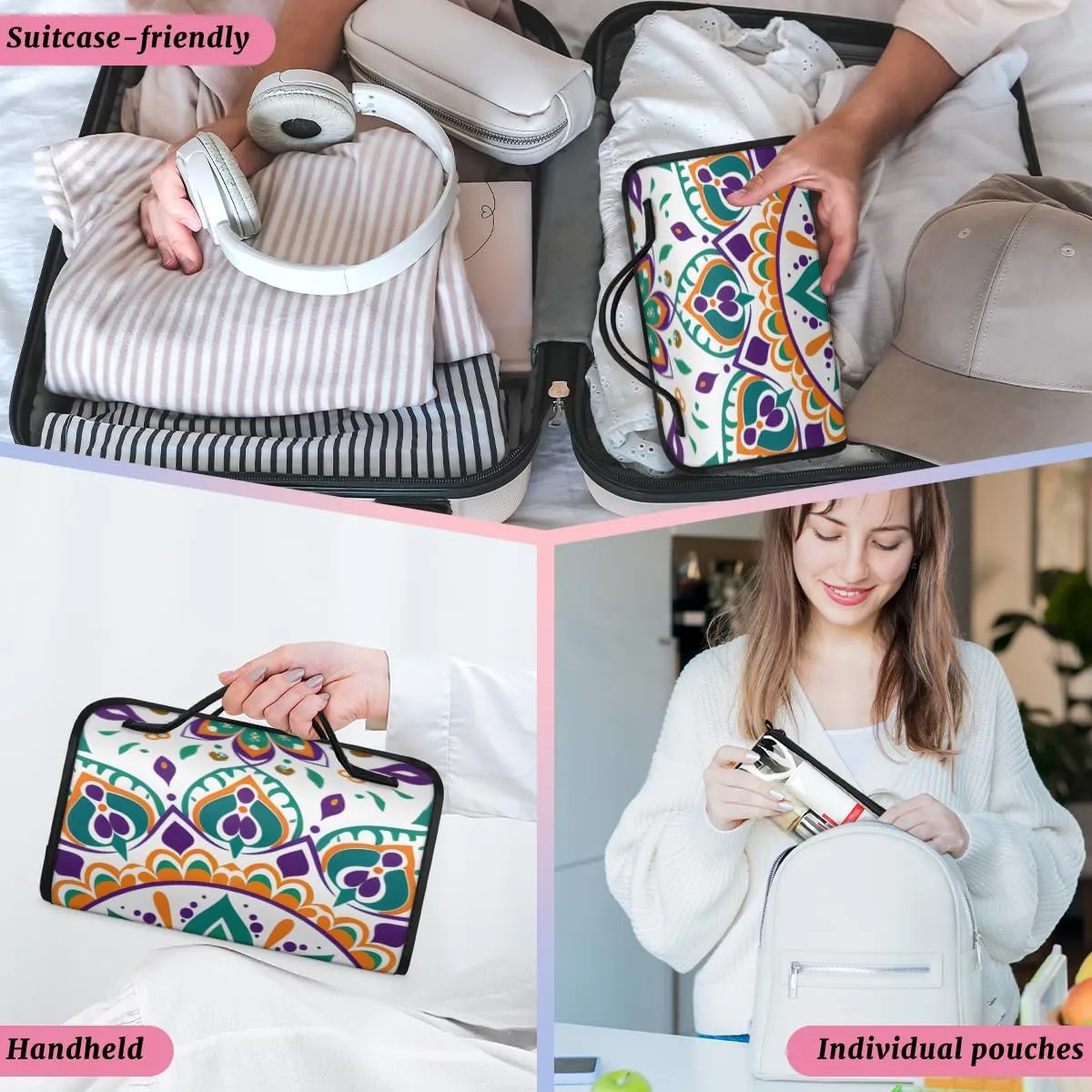 Bohemian Retro Foldable Toiletry Bag with Detachable Removable Pouches Hanging 4 in 1 Roll Up Large Makeup Toiletry Organizer Storage Bag with Handle