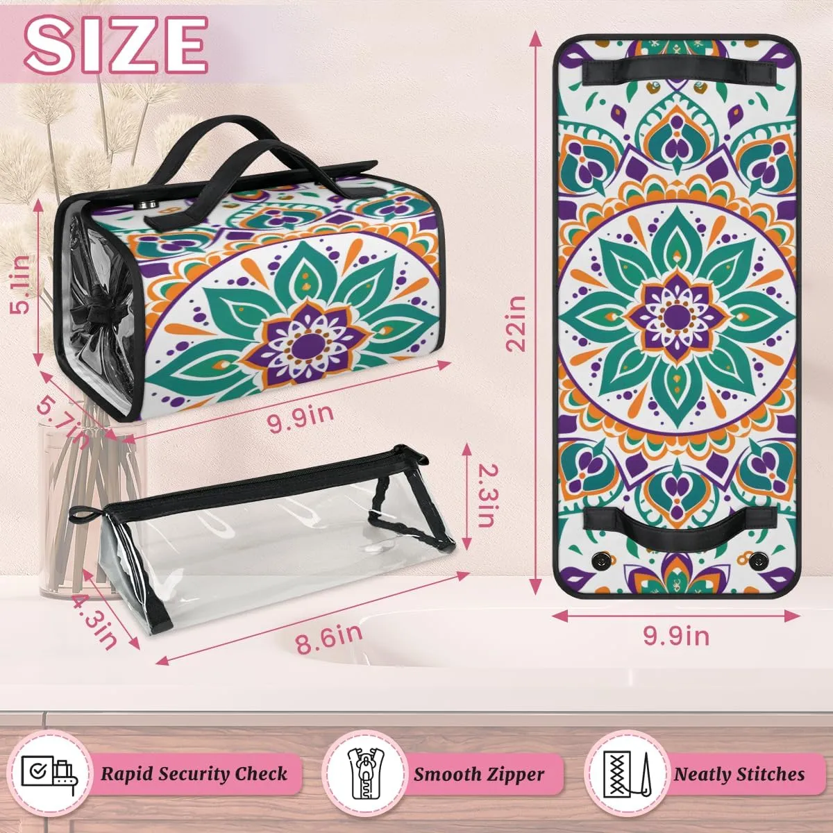 Bohemian Retro Foldable Toiletry Bag with Detachable Removable Pouches Hanging 4 in 1 Roll Up Large Makeup Toiletry Organizer Storage Bag with Handle