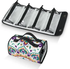 Bohemian Retro Foldable Toiletry Bag with Detachable Removable Pouches Hanging 4 in 1 Roll Up Large Makeup Toiletry Organizer Storage Bag with Handle