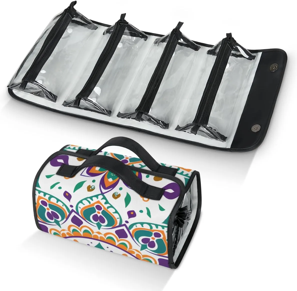 Bohemian Retro Foldable Toiletry Bag with Detachable Removable Pouches Hanging 4 in 1 Roll Up Large Makeup Toiletry Organizer Storage Bag with Handle