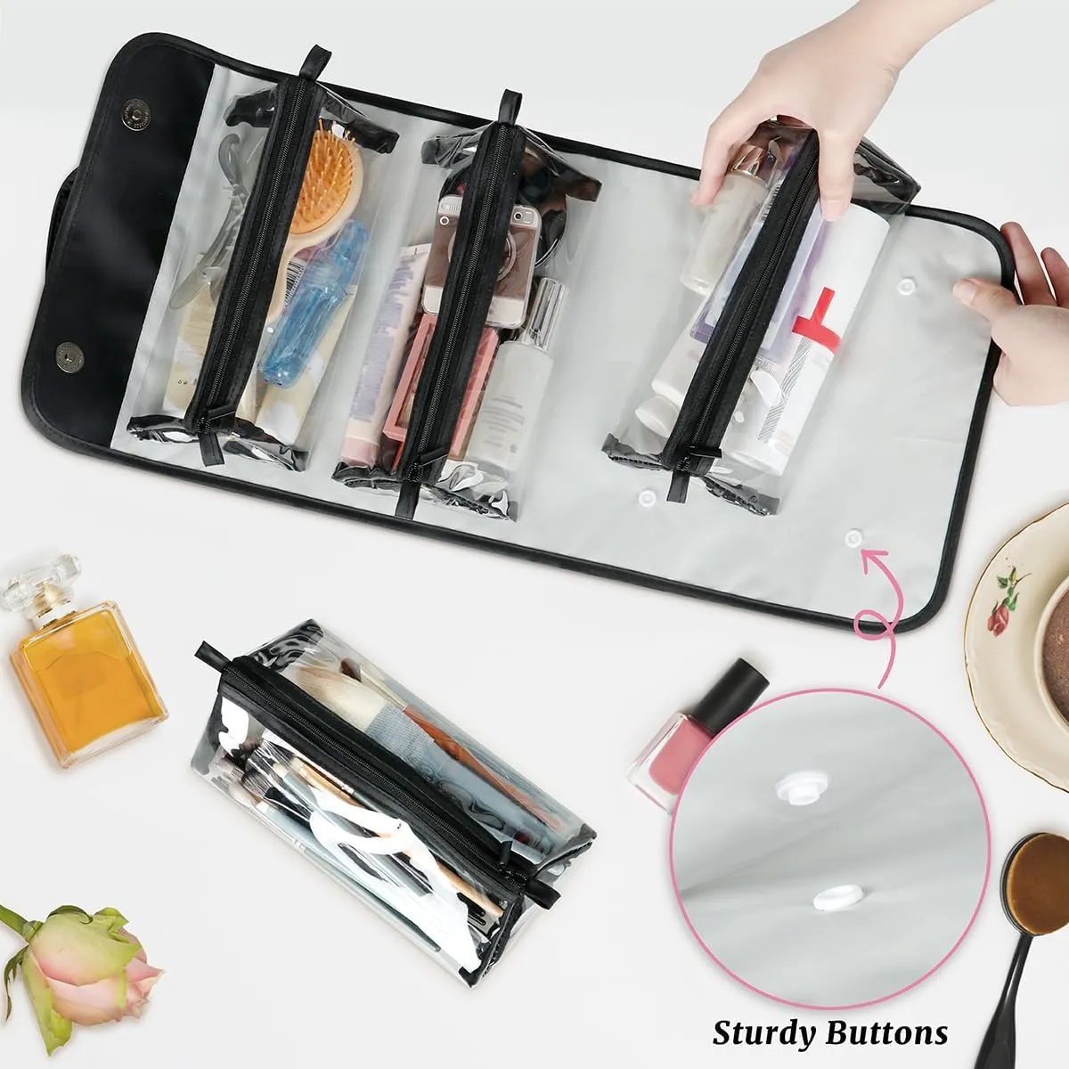 Bohemian Retro Foldable Toiletry Bag with Detachable Removable Pouches Hanging 4 in 1 Roll Up Large Makeup Toiletry Organizer Storage Bag with Handle