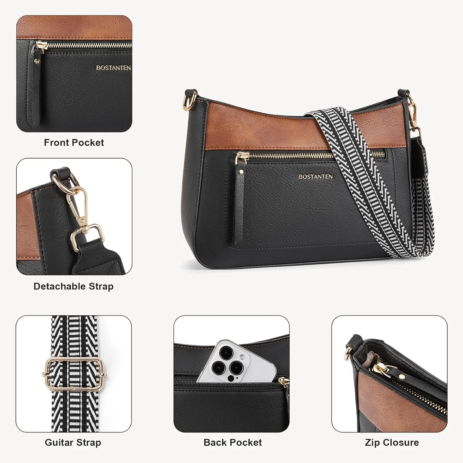 BOSTANTEN Crossbody Bags for Women Vegan Leather Hobo Purses Shoulder Handbags with Detachable Guitar Strap