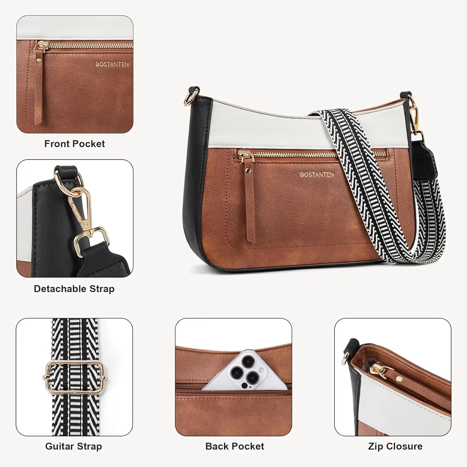 BOSTANTEN Crossbody Bags for Women Vegan Leather Hobo Purses Shoulder Handbags with Detachable Guitar Strap