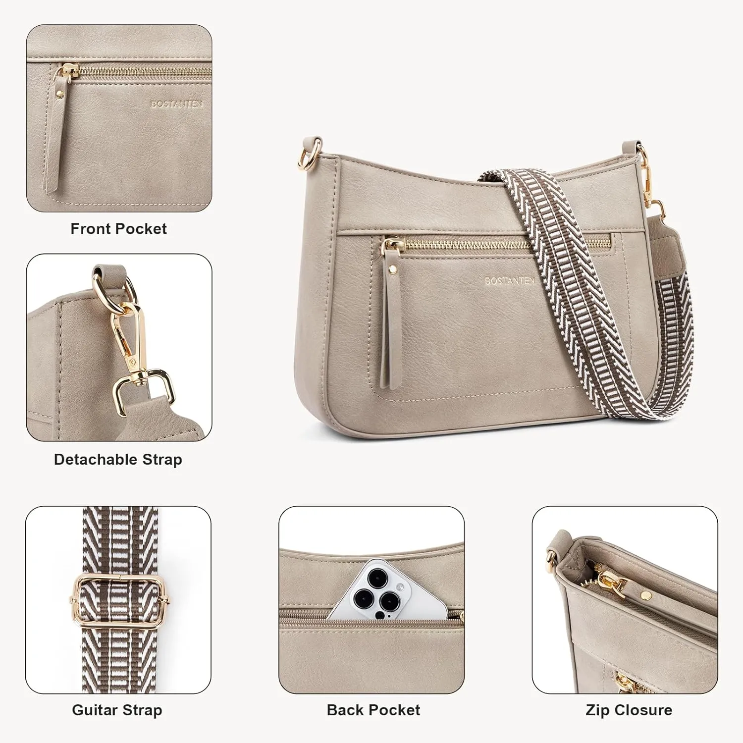 BOSTANTEN Crossbody Bags for Women Vegan Leather Hobo Purses Shoulder Handbags with Detachable Guitar Strap