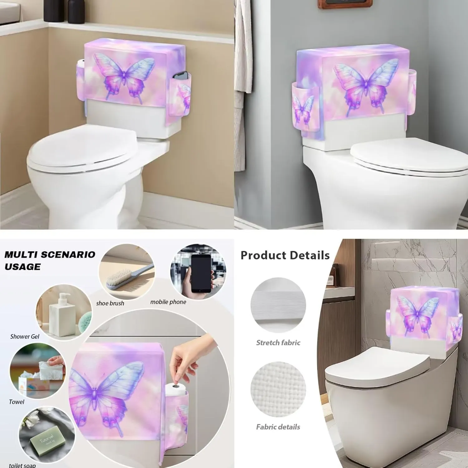 Butterfly Pink Pattern 2 Pack Toilet Lid Cover with Toilet Tank Cover, Adjustable Toilet Protector with 2 Storage Bags, 15-21 in, Fits Most Round Elongated and Oblong Lids