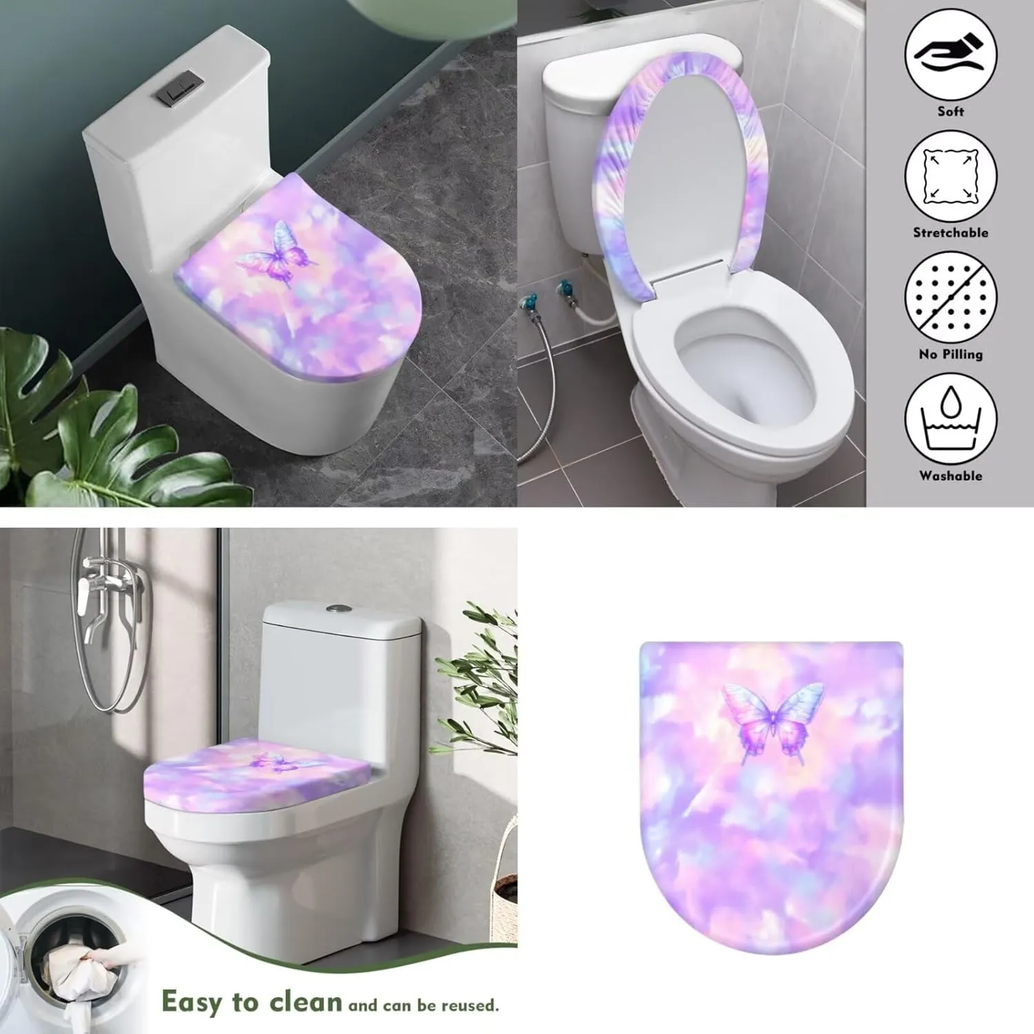 Butterfly Pink Pattern 2 Pack Toilet Lid Cover with Toilet Tank Cover, Adjustable Toilet Protector with 2 Storage Bags, 15-21 in, Fits Most Round Elongated and Oblong Lids