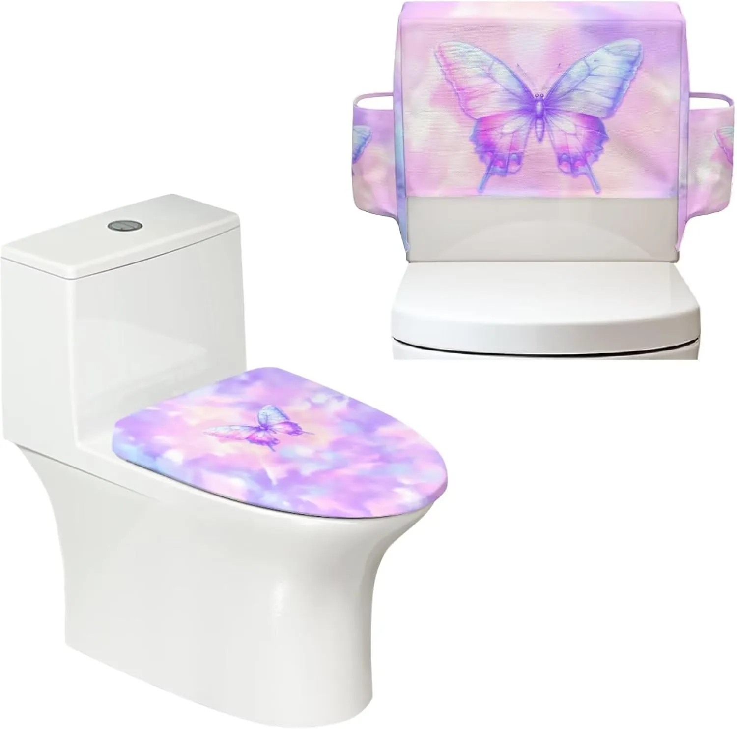 Butterfly Pink Pattern 2 Pack Toilet Lid Cover with Toilet Tank Cover, Adjustable Toilet Protector with 2 Storage Bags, 15-21 in, Fits Most Round Elongated and Oblong Lids