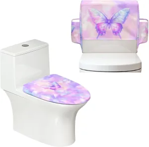 Butterfly Pink Pattern 2 Pack Toilet Lid Cover with Toilet Tank Cover, Adjustable Toilet Protector with 2 Storage Bags, 15-21 in, Fits Most Round Elongated and Oblong Lids