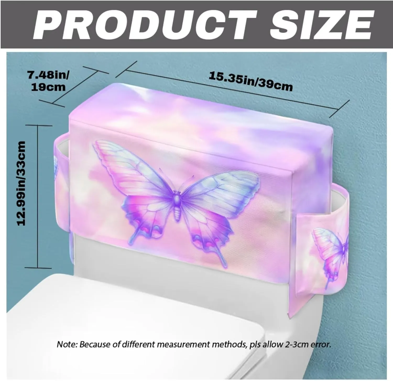 Butterfly Pink Pattern 2 Pack Toilet Lid Cover with Toilet Tank Cover, Adjustable Toilet Protector with 2 Storage Bags, 15-21 in, Fits Most Round Elongated and Oblong Lids