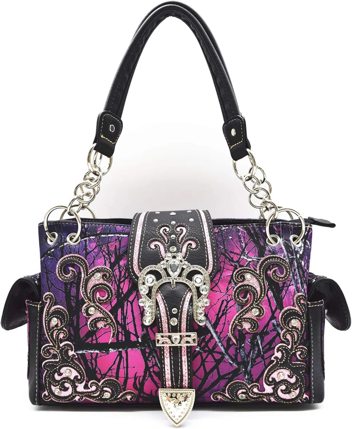 Camouflage Crown Buckle Western Style Purse Floral Shine Glow Country Handbag Women Shoulder Bag Crossbody Wallet Set