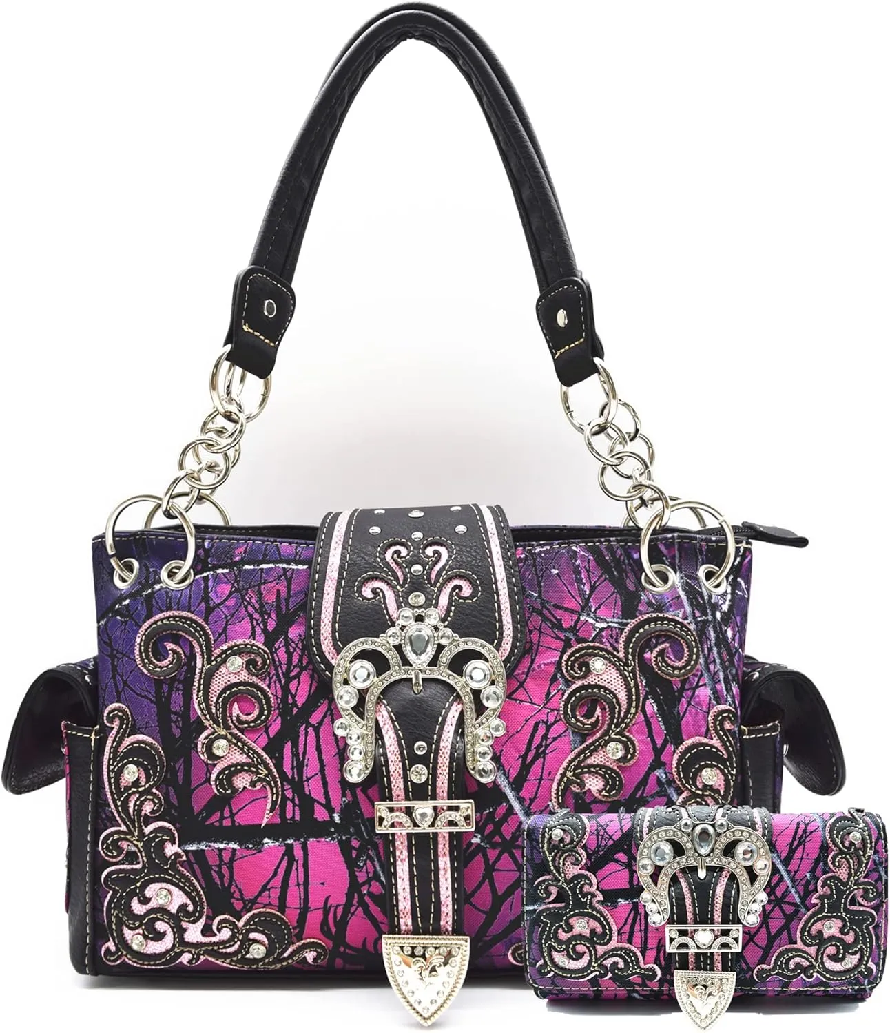 Camouflage Crown Buckle Western Style Purse Floral Shine Glow Country Handbag Women Shoulder Bag Crossbody Wallet Set