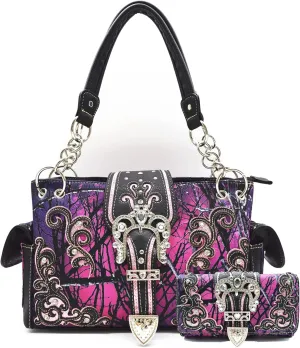 Camouflage Crown Buckle Western Style Purse Floral Shine Glow Country Handbag Women Shoulder Bag Crossbody Wallet Set