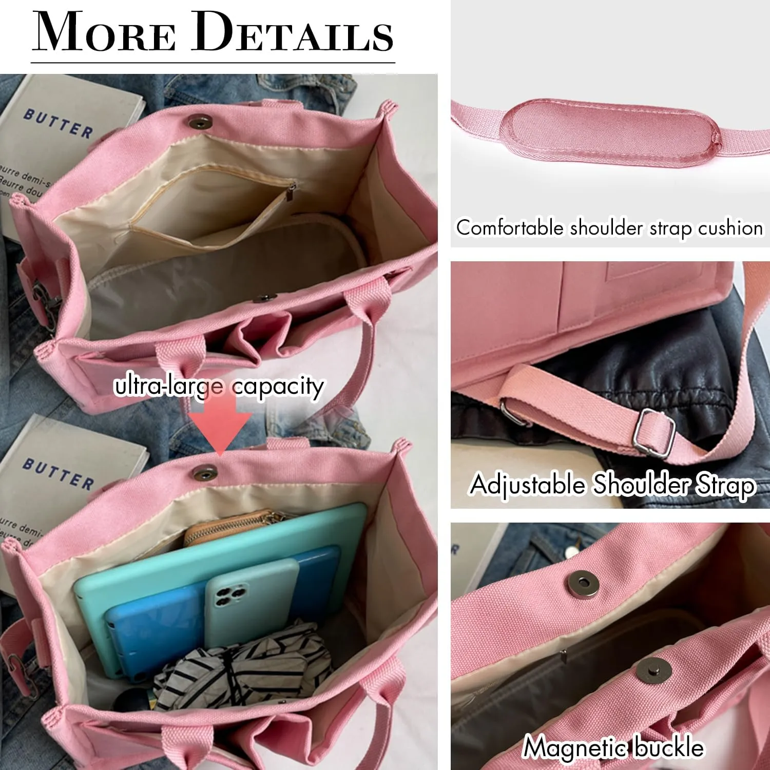 Canvas Tote Bag for Women,Large Totes Bags with Pockets,Womens Crossbody Purse Handbags for Travel Work Gift,2 Sizes