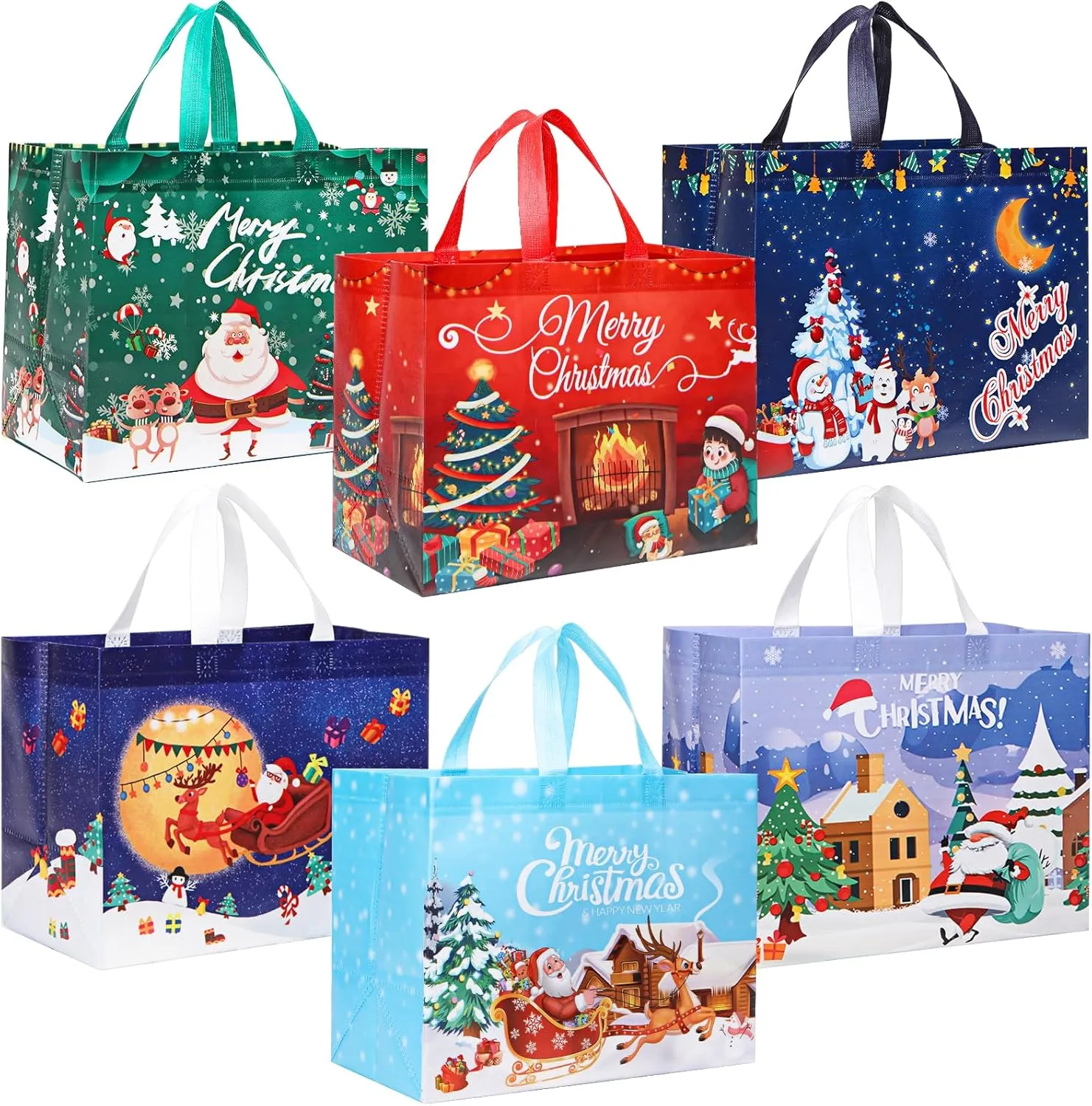 Ceryvop 12 Pack Reusable Large Christmas Tote Bags - Non-Woven Bulk Treat Bags for Gift Wrapping, Shopping, Xmas Party Supplies - 12.89.86.7IN