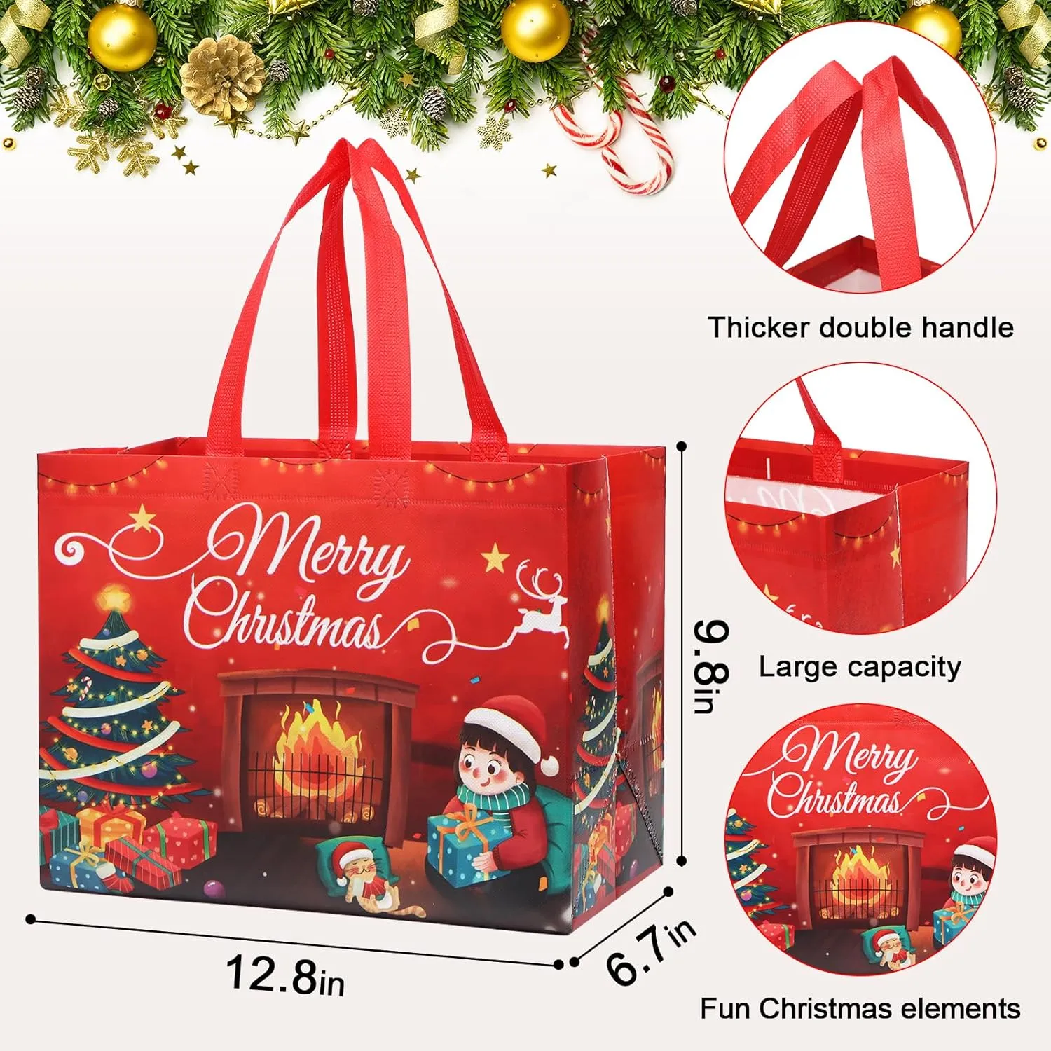Ceryvop 12 Pack Reusable Large Christmas Tote Bags - Non-Woven Bulk Treat Bags for Gift Wrapping, Shopping, Xmas Party Supplies - 12.89.86.7IN