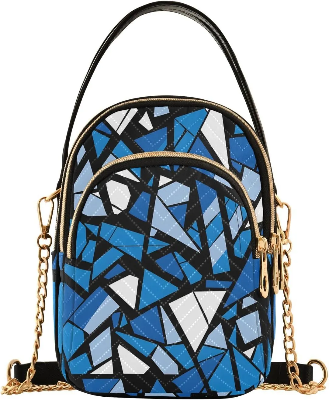 Chain Crossbody Bags for Women Blue White Geometric Shards Pattern Quilted Shoulder Handbags Travel Cross Body Cell Phone Purses Bags