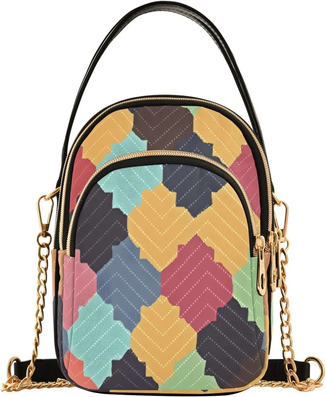 Chain Crossbody Bags for Women Multicolor Geometric Pattern Yellow Quilted Shoulder Handbags Travel Cross Body Cell Phone Purses Bags