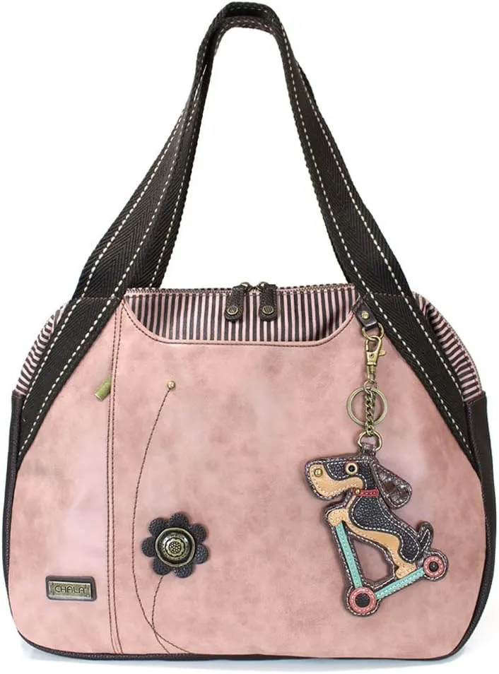 CHALA Handbags Dust Rose Shoulder Purse Tote Bag with Dog Key Fob (Wiener Dog with Scooter)