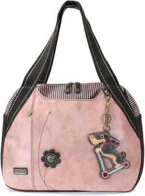 CHALA Handbags Dust Rose Shoulder Purse Tote Bag with Dog Key Fob (Wiener Dog with Scooter)