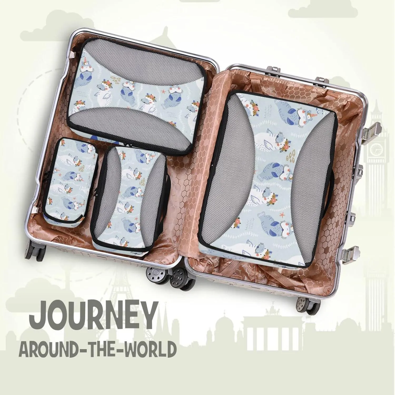 Childish Blue White Manatees with Flowers Unicorn Horns 4 PCs Set Packing Bags, Luggage Organizer Bag, Portable Cube Toiletry bag, Durable Travel Cosmetic Storage Bag for Men Women