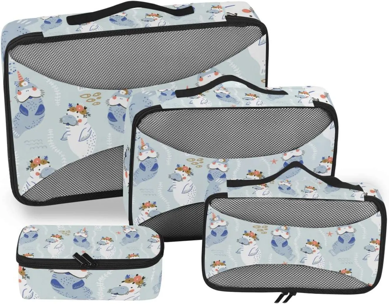 Childish Blue White Manatees with Flowers Unicorn Horns 4 PCs Set Packing Bags, Luggage Organizer Bag, Portable Cube Toiletry bag, Durable Travel Cosmetic Storage Bag for Men Women