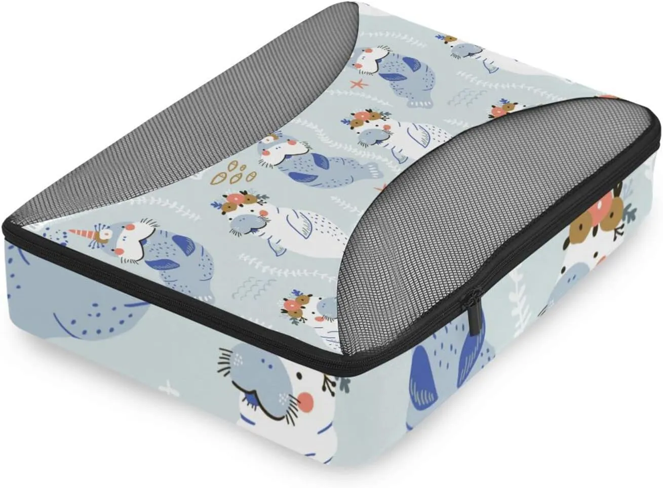 Childish Blue White Manatees with Flowers Unicorn Horns 4 PCs Set Packing Bags, Luggage Organizer Bag, Portable Cube Toiletry bag, Durable Travel Cosmetic Storage Bag for Men Women
