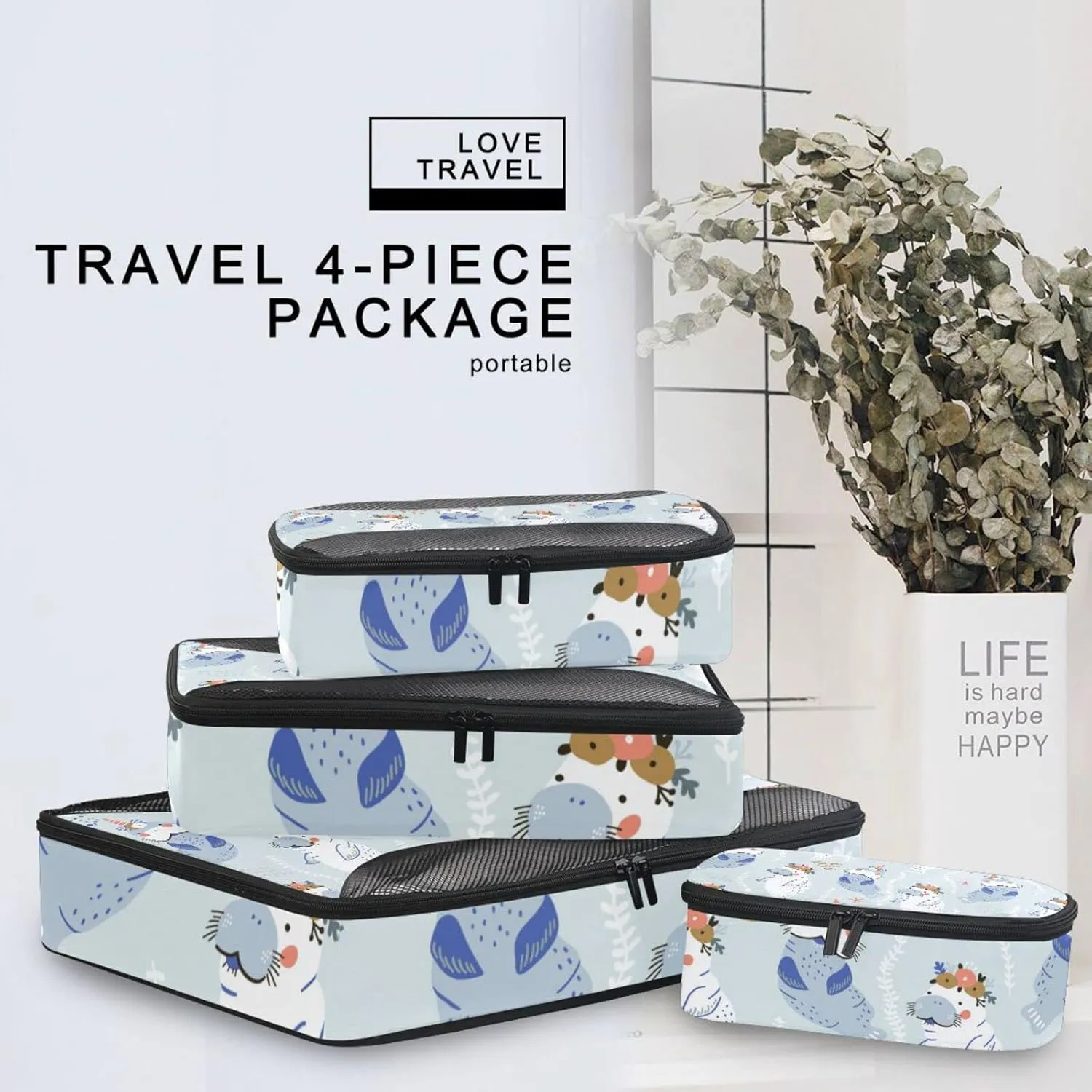 Childish Blue White Manatees with Flowers Unicorn Horns 4 PCs Set Packing Bags, Luggage Organizer Bag, Portable Cube Toiletry bag, Durable Travel Cosmetic Storage Bag for Men Women