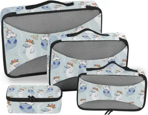 Childish Blue White Manatees with Flowers Unicorn Horns 4 PCs Set Packing Bags, Luggage Organizer Bag, Portable Cube Toiletry bag, Durable Travel Cosmetic Storage Bag for Men Women