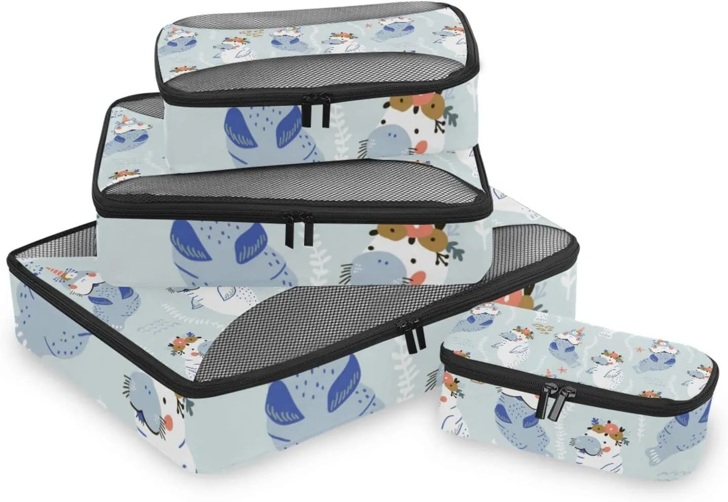 Childish Blue White Manatees with Flowers Unicorn Horns 4 PCs Set Packing Bags, Luggage Organizer Bag, Portable Cube Toiletry bag, Durable Travel Cosmetic Storage Bag for Men Women