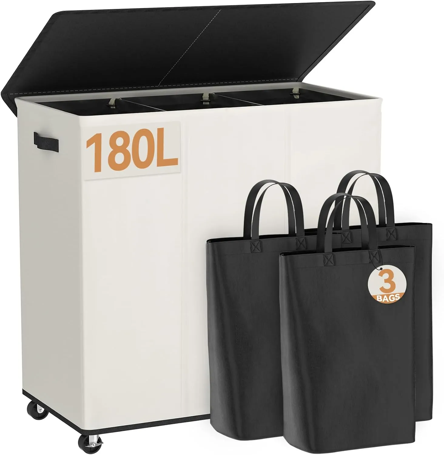 Chrislley 180L Laundry Hamper 3 Section,Rolling Large Laundry Basket with Wheels,Dirty Clothes Hamper with Lid and Removable Liner Bags,Collapsible Laundry Organizer for Bedroom, Dorm,Beige