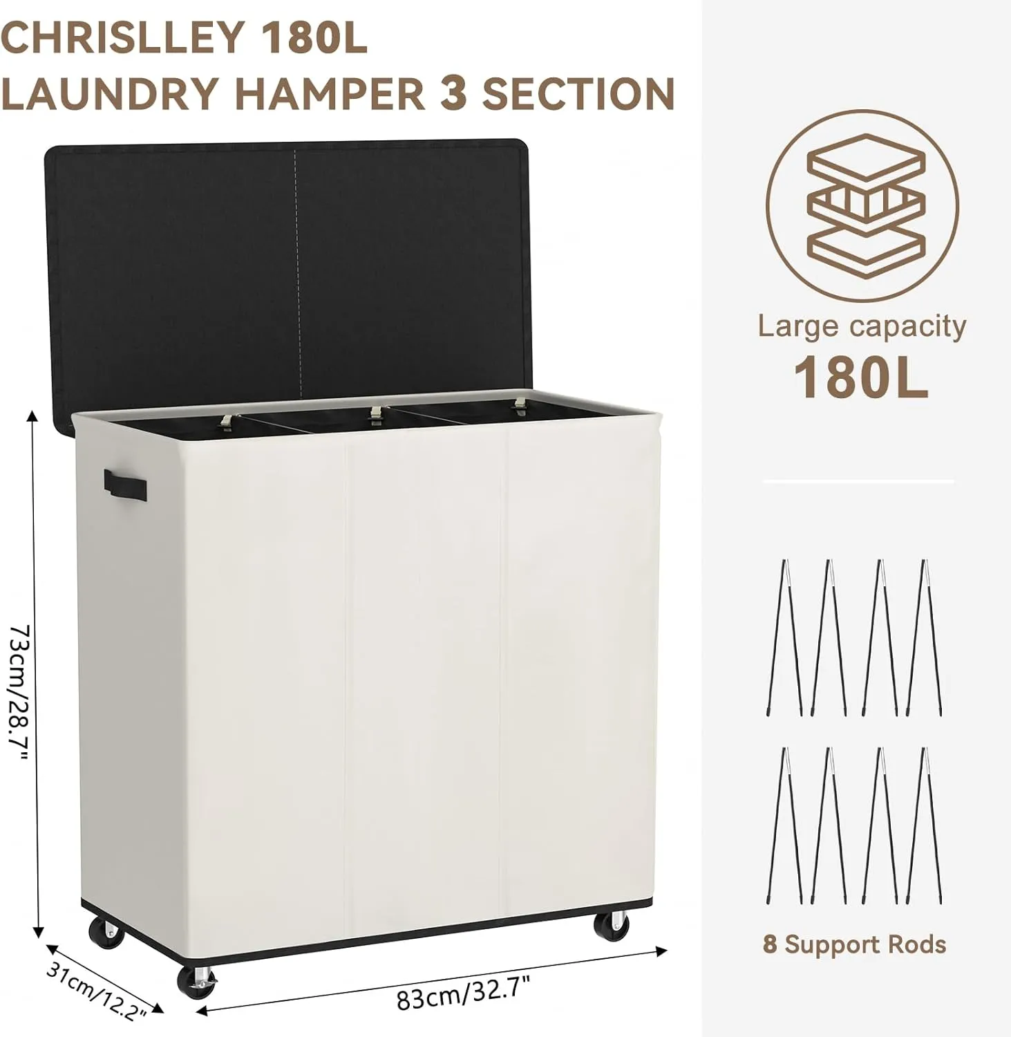 Chrislley 180L Laundry Hamper 3 Section,Rolling Large Laundry Basket with Wheels,Dirty Clothes Hamper with Lid and Removable Liner Bags,Collapsible Laundry Organizer for Bedroom, Dorm,Beige