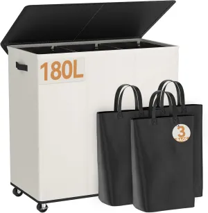 Chrislley 180L Laundry Hamper 3 Section,Rolling Large Laundry Basket with Wheels,Dirty Clothes Hamper with Lid and Removable Liner Bags,Collapsible Laundry Organizer for Bedroom, Dorm,Beige