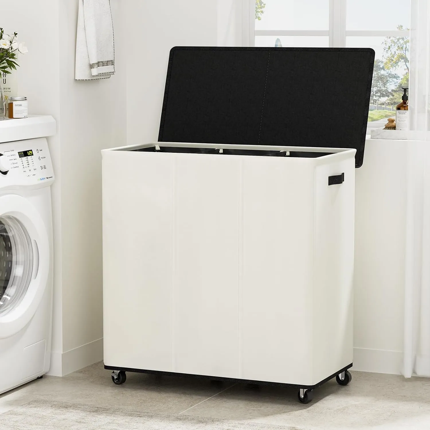 Chrislley 180L Laundry Hamper 3 Section,Rolling Large Laundry Basket with Wheels,Dirty Clothes Hamper with Lid and Removable Liner Bags,Collapsible Laundry Organizer for Bedroom, Dorm,Beige