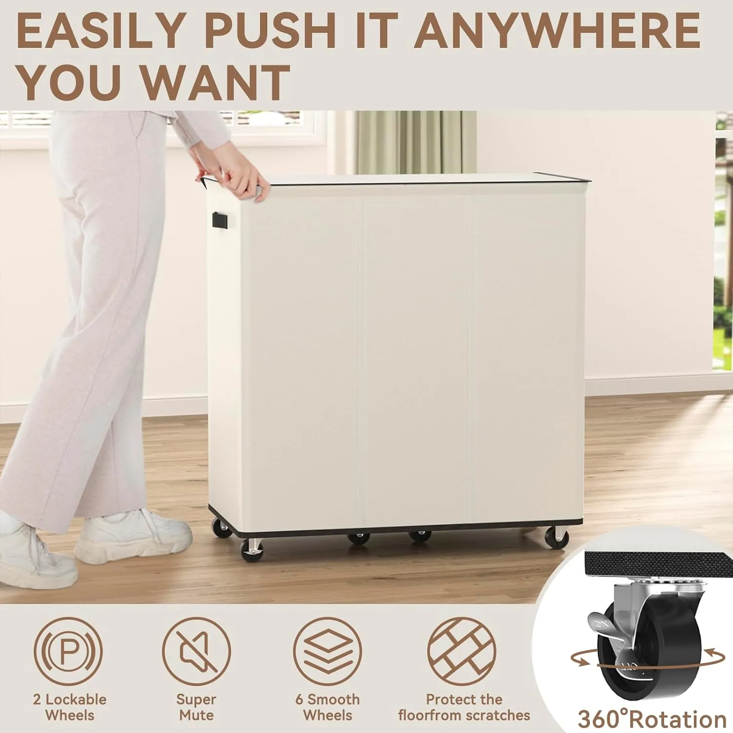 Chrislley 180L Laundry Hamper 3 Section,Rolling Large Laundry Basket with Wheels,Dirty Clothes Hamper with Lid and Removable Liner Bags,Collapsible Laundry Organizer for Bedroom, Dorm,Beige