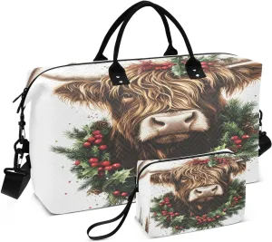 Christmas Highland Cattle Travel Duffel Bags 2PCS,Sports Duffel Bags for Men Women,Weekender Overnight Bag Gym Tote Bag with Toiletry Bag
