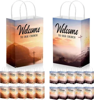 Chuangdi 50 Pcs Church Welcome Bags 5.91 x 3.15 x 8.27 Inches Religious Gift Bags Welcome to Our Church Paper with Handles for Hotel Birthday Bulk Baptism Guest Party Favor Supplies