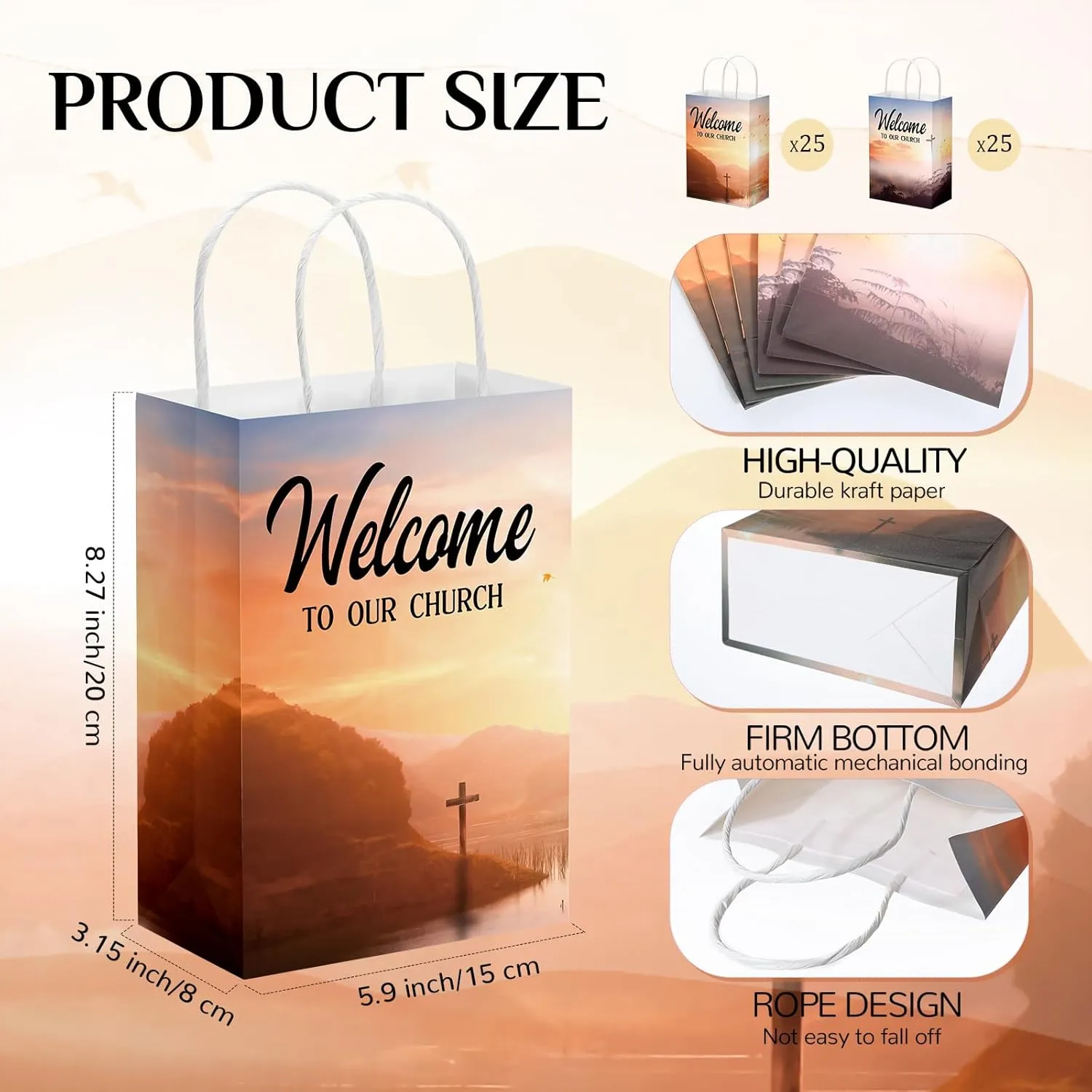 Chuangdi 50 Pcs Church Welcome Bags 5.91 x 3.15 x 8.27 Inches Religious Gift Bags Welcome to Our Church Paper with Handles for Hotel Birthday Bulk Baptism Guest Party Favor Supplies