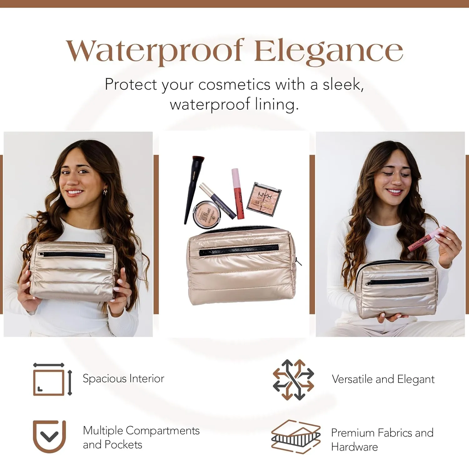 Citi Collective Premium Cosmetic Bag for Women| Makeup Travel Bag, Toiletry Bags for Women| Large Capacity Storage Waterproof Cosmetic Bag for Business, Vacation, or Weekend Traveling (Gold)