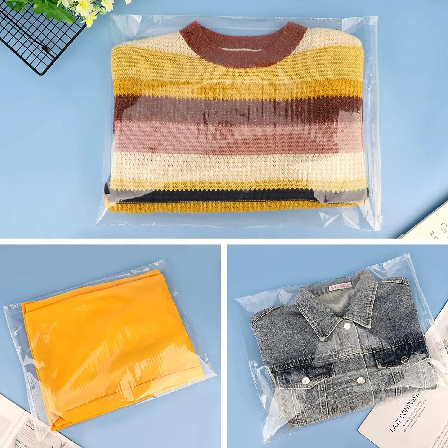 Clear Zipper Bags Resealable for Clothes, 3 Mil Thick 12x16 inch Large Plastic Mailers Travel for Clothing, 50 Pcs Self Seal Apparel Poly Bags for Sweaters, Jeans Shipping