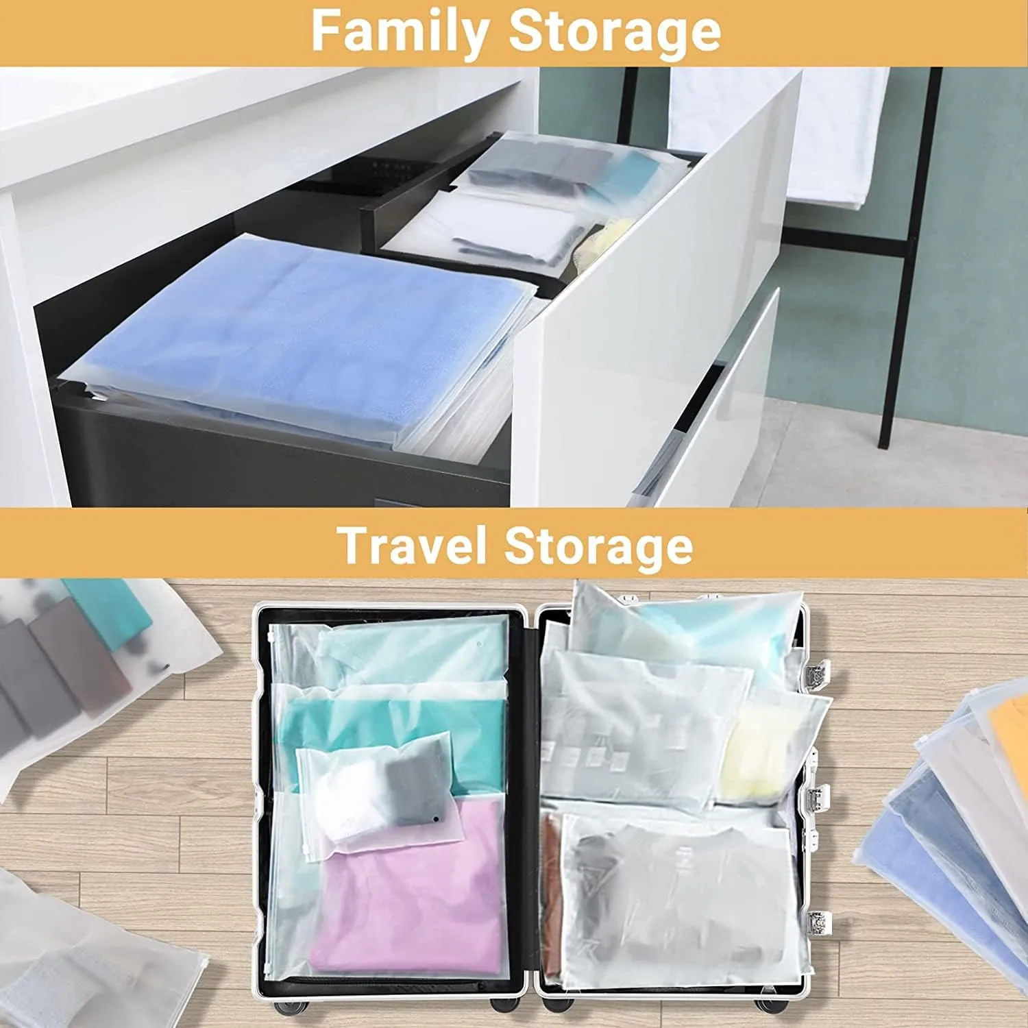 Clear Zipper Bags Resealable for Clothes, 3 Mil Thick 12x16 inch Large Plastic Mailers Travel for Clothing, 50 Pcs Self Seal Apparel Poly Bags for Sweaters, Jeans Shipping