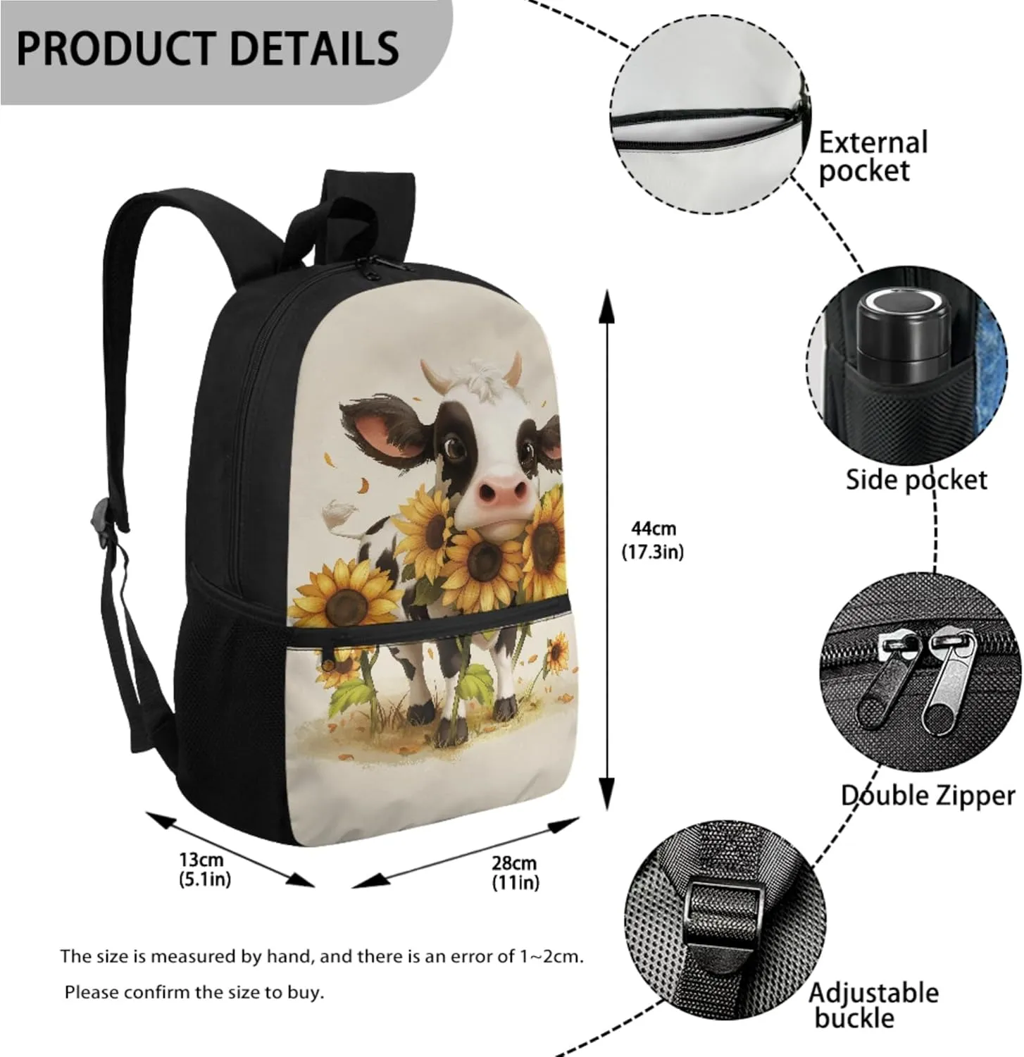 CLOHOMIN Cow Boys Backpack with Lunch Bag 5th Grade Sunflower Children Book Bag Set of 3 Pencil Box Leakproof Lunch Bag for Kids Girls Elementary School Bags for Boys 7-10