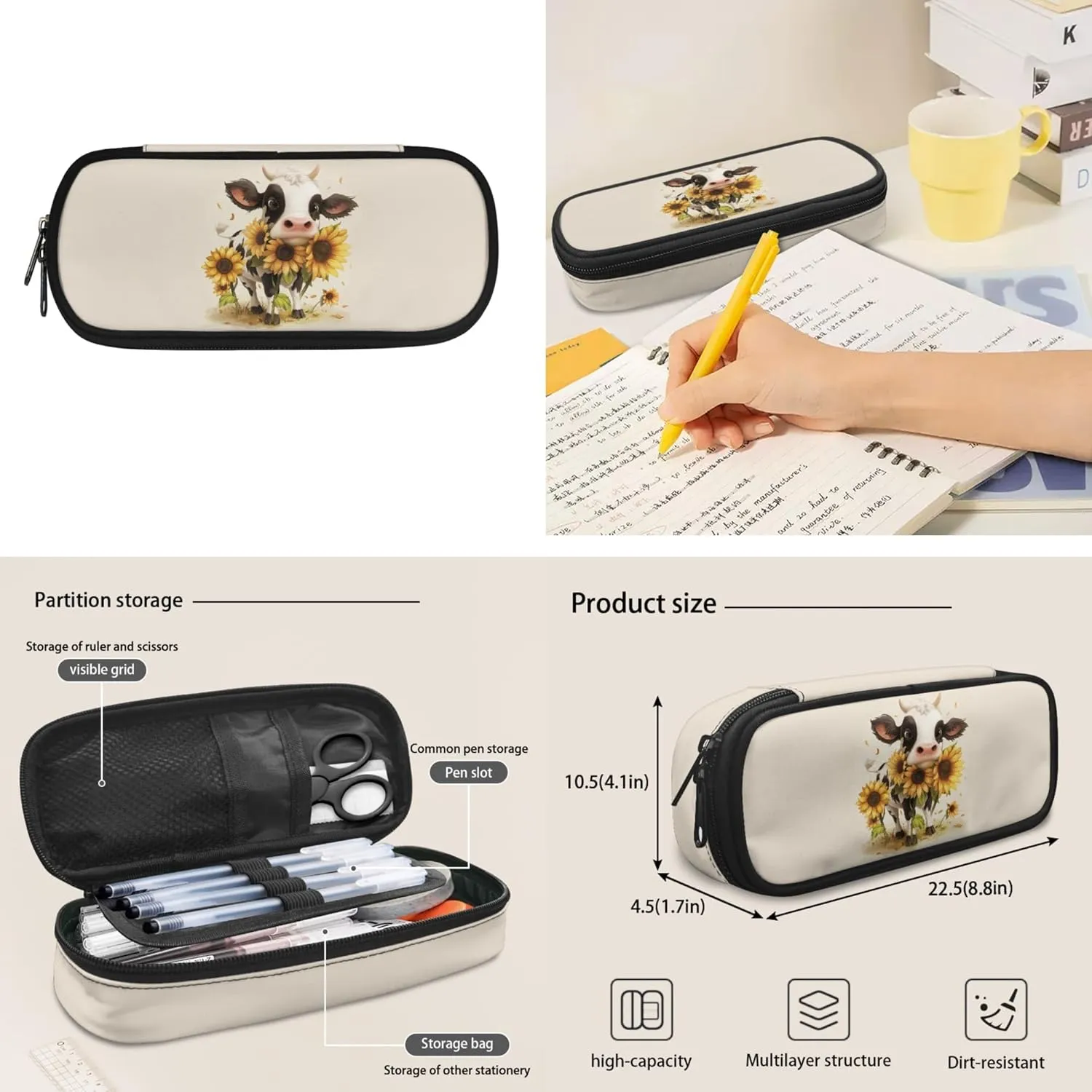 CLOHOMIN Cow Boys Backpack with Lunch Bag 5th Grade Sunflower Children Book Bag Set of 3 Pencil Box Leakproof Lunch Bag for Kids Girls Elementary School Bags for Boys 7-10