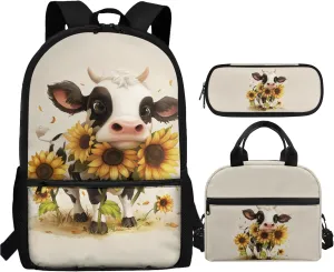 CLOHOMIN Cow Boys Backpack with Lunch Bag 5th Grade Sunflower Children Book Bag Set of 3 Pencil Box Leakproof Lunch Bag for Kids Girls Elementary School Bags for Boys 7-10