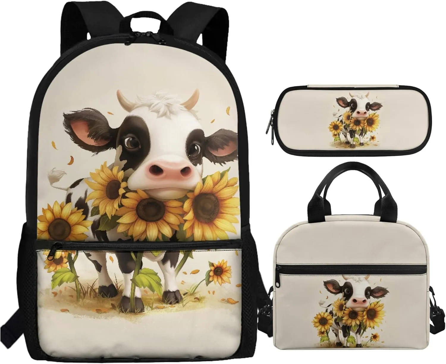 CLOHOMIN Cow Boys Backpack with Lunch Bag 5th Grade Sunflower Children Book Bag Set of 3 Pencil Box Leakproof Lunch Bag for Kids Girls Elementary School Bags for Boys 7-10