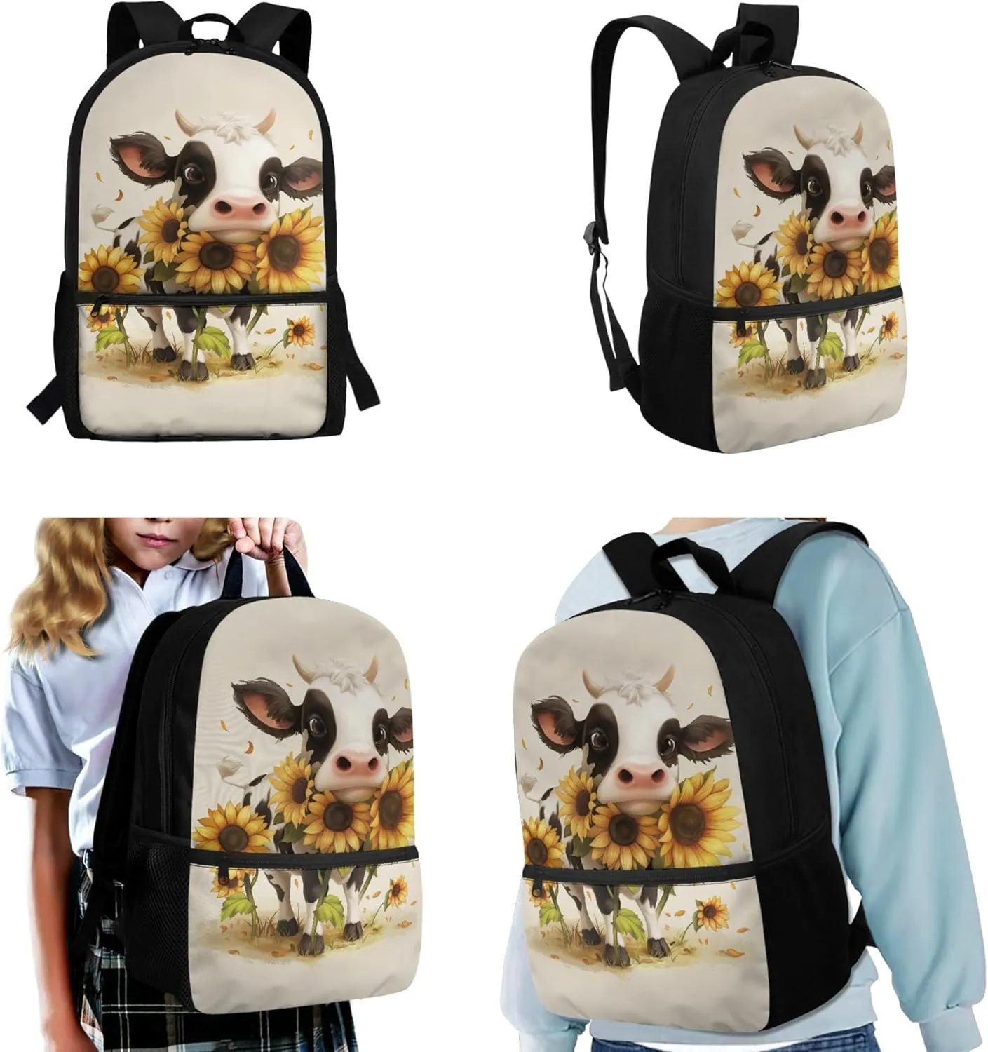 CLOHOMIN Cow Boys Backpack with Lunch Bag 5th Grade Sunflower Children Book Bag Set of 3 Pencil Box Leakproof Lunch Bag for Kids Girls Elementary School Bags for Boys 7-10