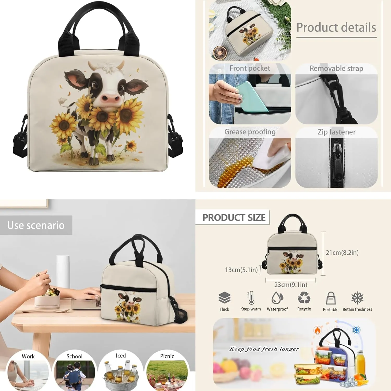 CLOHOMIN Cow Boys Backpack with Lunch Bag 5th Grade Sunflower Children Book Bag Set of 3 Pencil Box Leakproof Lunch Bag for Kids Girls Elementary School Bags for Boys 7-10