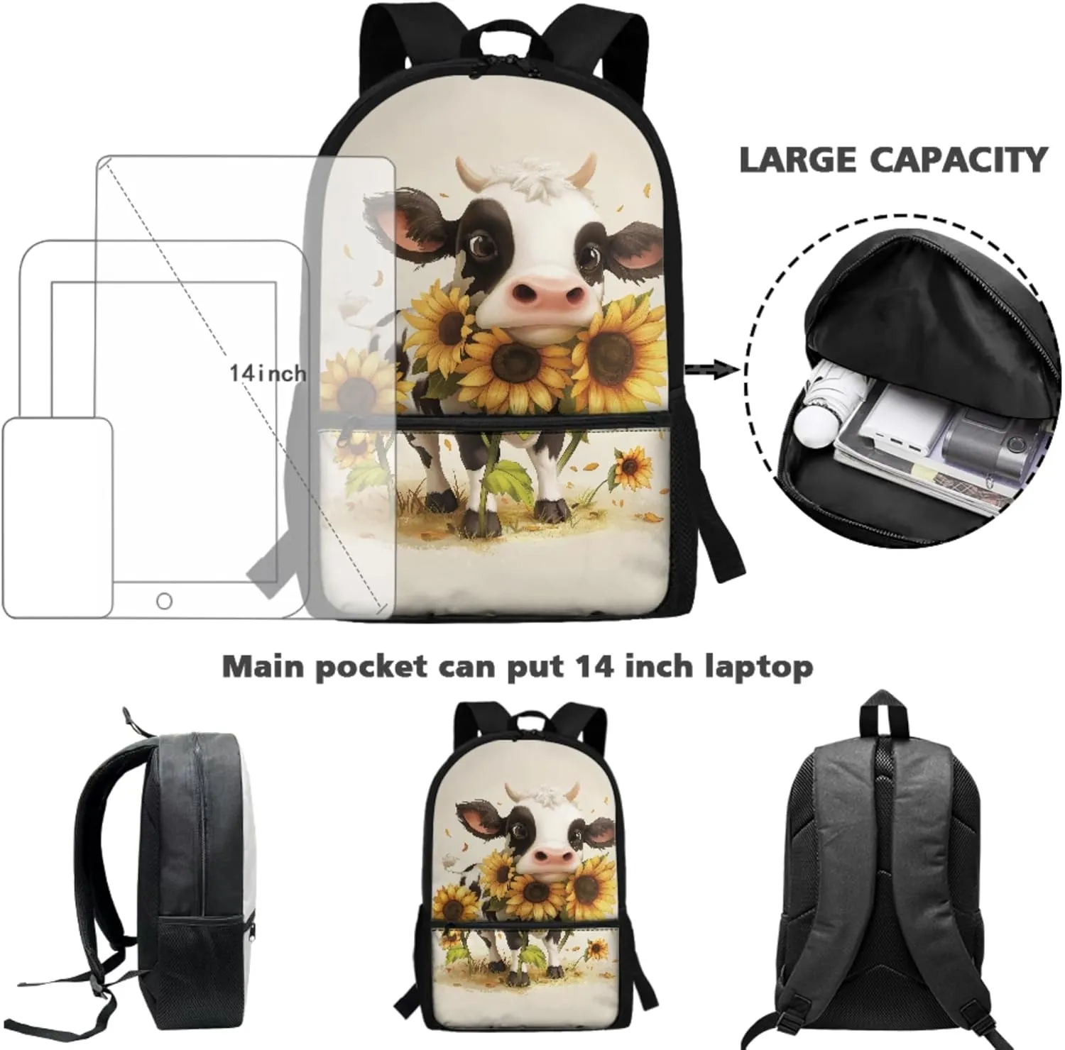 CLOHOMIN Cow Boys Backpack with Lunch Bag 5th Grade Sunflower Children Book Bag Set of 3 Pencil Box Leakproof Lunch Bag for Kids Girls Elementary School Bags for Boys 7-10