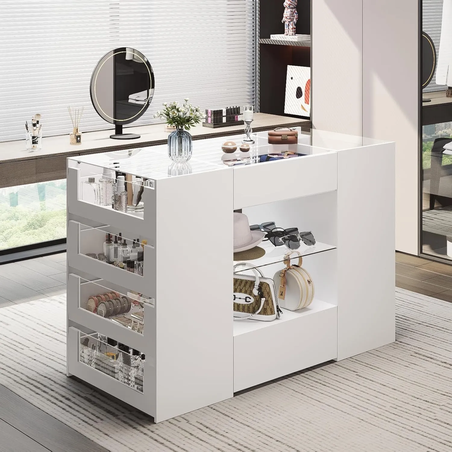 Closet Island with Drawers, Wardrobe Armoire Bedroom Island, Glass Display Shelf & 12 Drawers, White Dresser with Glass Top, Walk-in Closet Island for Bedroom, Cloakroom