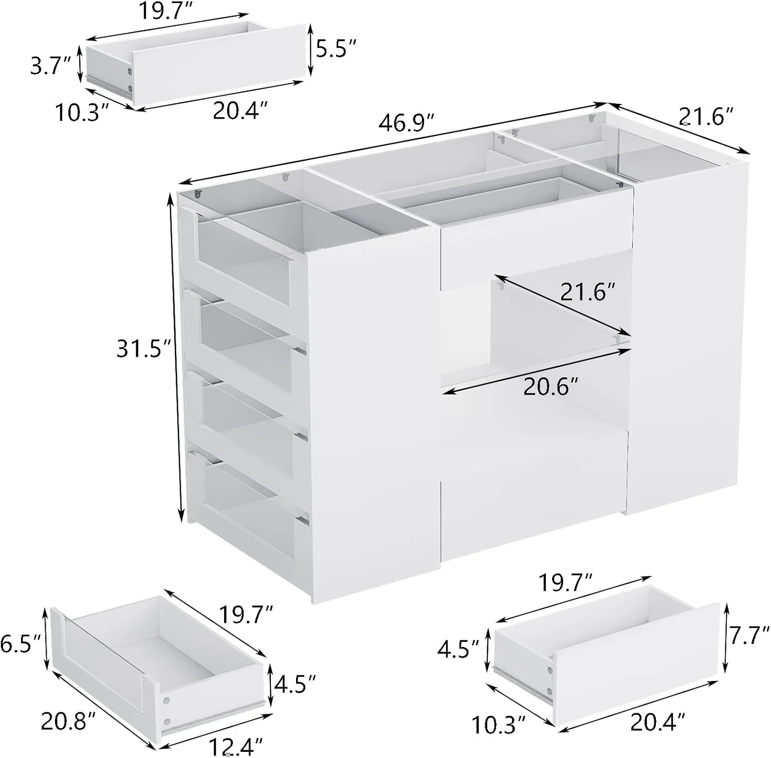Closet Island with Drawers, Wardrobe Armoire Bedroom Island, Glass Display Shelf & 12 Drawers, White Dresser with Glass Top, Walk-in Closet Island for Bedroom, Cloakroom